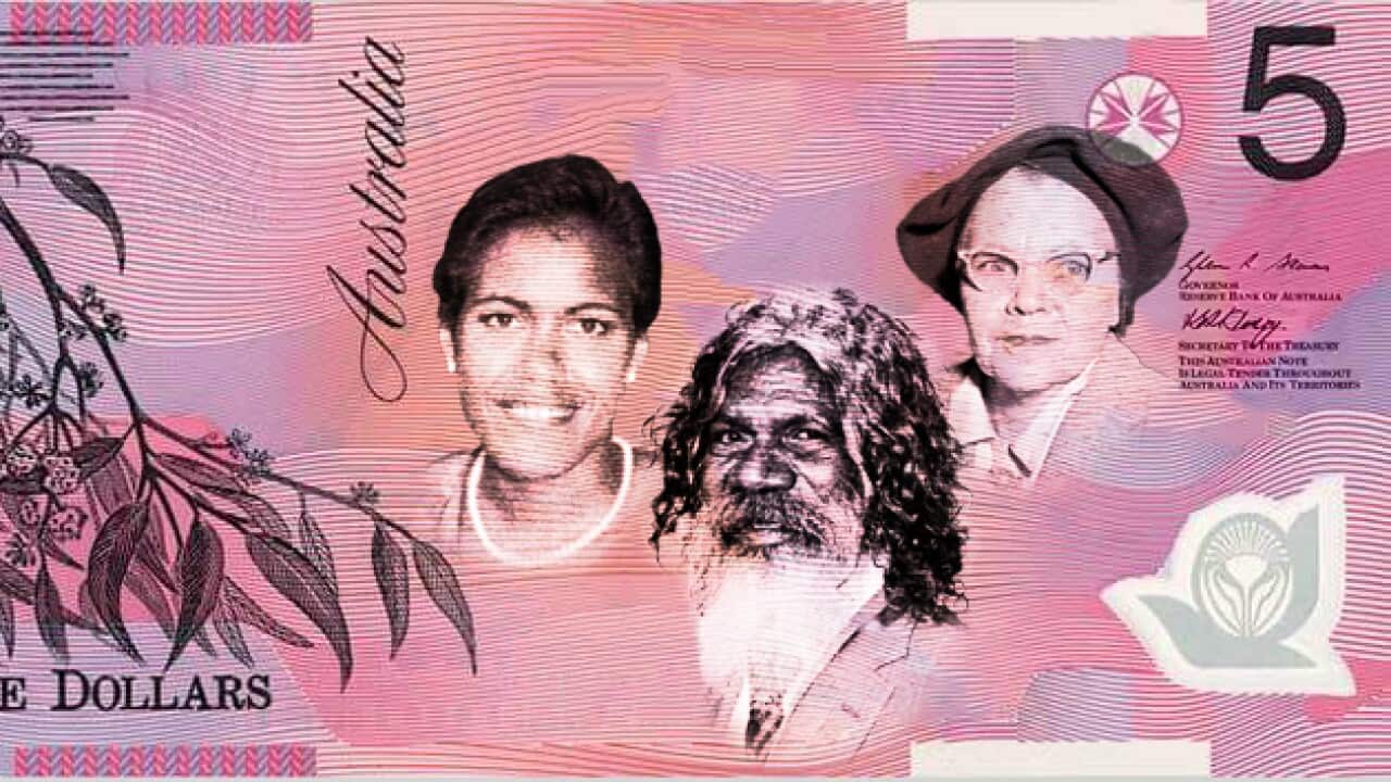 A five dollar note with the black and white faces of cathy freeman, David Gulpilil and Pearl Gibbs where Queen Elizabeth would normally be