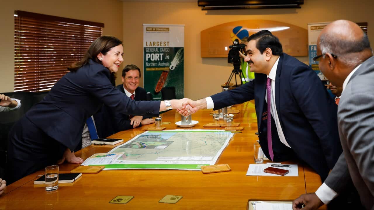 Adani Group chairman Gautam Adani meets with Queensland premier Annastacia Palaszczuk at the Port of Townsville