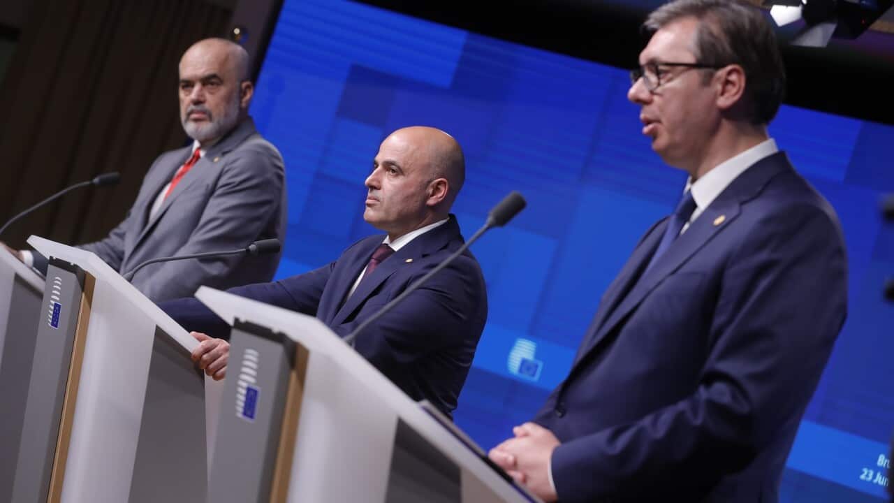 Albania's Edi Rama, North Macedonia's Dimitar Kovacevski, and Serbia's Aleksandar Vucic at the EU conference
