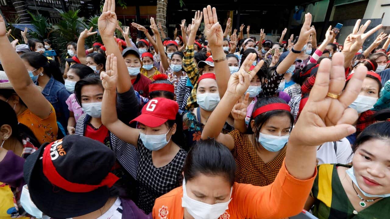 Protesters demonstrate against the military coup in Yangon, Myanmar.