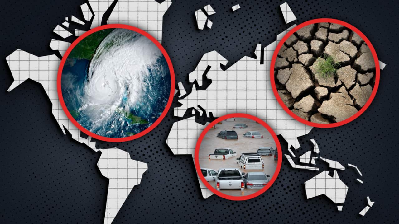 A graph of a map of the world overlaid with three images: an aerial view of a cyclone cloud system, cars in floodwaters and dry, cracked earth.