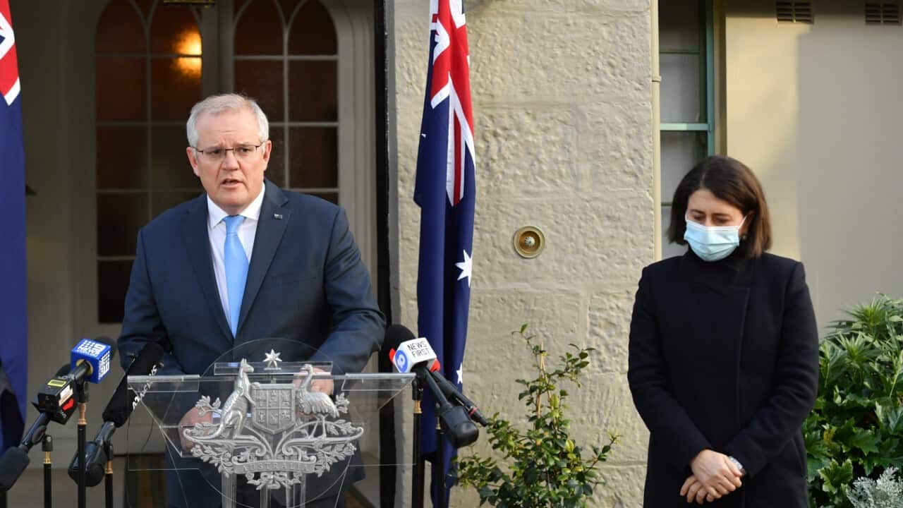 Prime Minister Scott Morrison and NSW Premier Gladys Berejiklian during the announcement of a Covid-19 financial support package at Kirribilli House in Sydney, Tuesday, July 13, 2021 (AAP).jpg