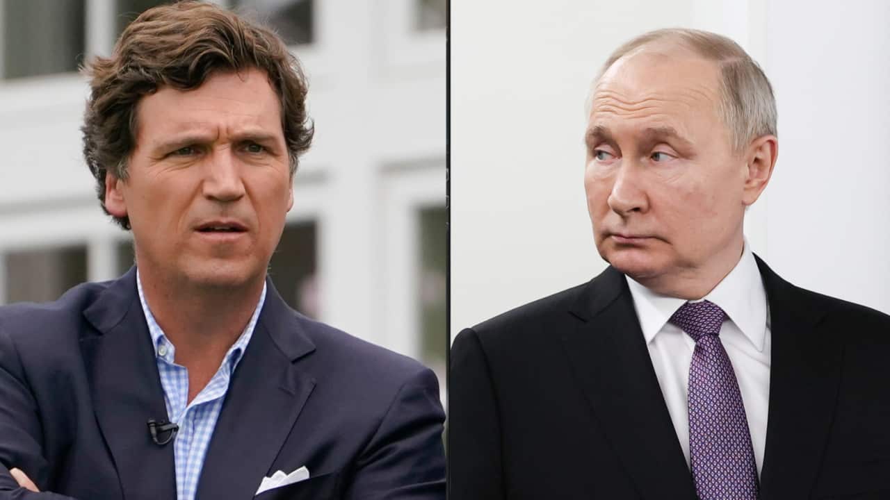 A composite image showing Tucker Carlson on the left and Vladimir Putin on the right. Both wear suits.