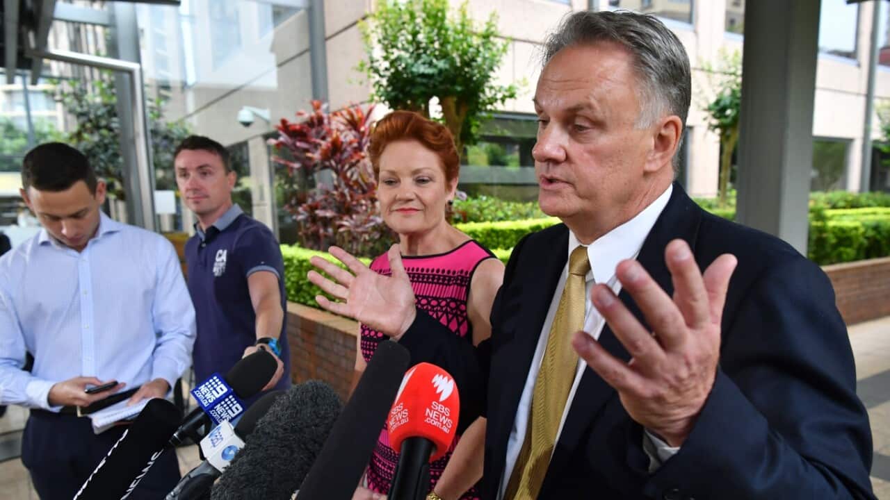 One Nation party leader Pauline Hanson (left) and Mark Latham (right) speak to the media in Sydney, Wednesday, November 7.