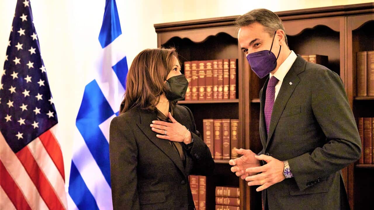 Greek Prime Minister Kyriakos Mitsotakis (R) me with US Vice President Kamala Harris (L), on the sidelines of the 58th Munich Security Conference (MSC), Munich, germany, 19 February 2022.