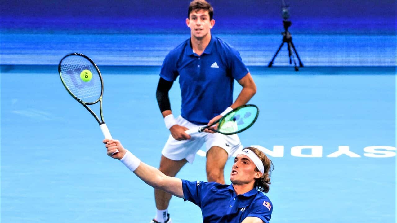 Stefanos Tsitsipas and Michail Pervolarakis of Team Greece at Ken Rosewall Arena in Sydney.