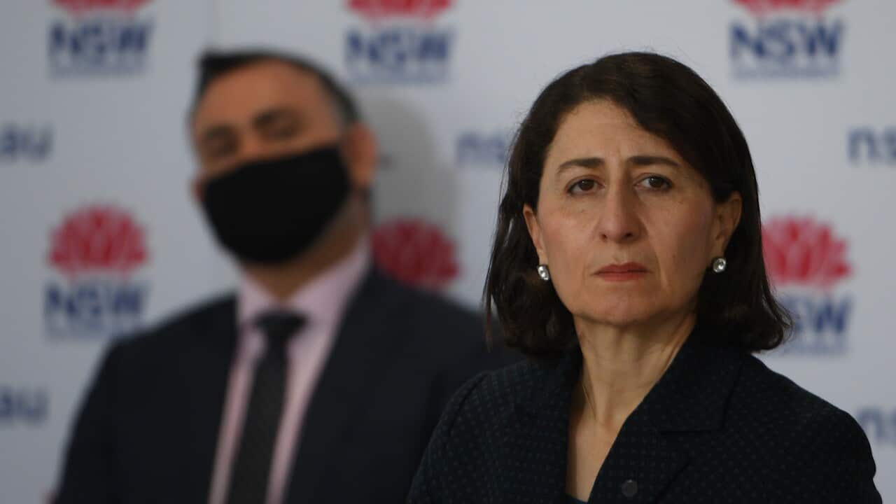 NSW Premier Gladys Berejiklian and Deputy Premier John Barilaro speak to the media during a press conference in Sydney, Friday, August 3, 2021. (AAP Image/Dean Lewins) NO ARCHIVING