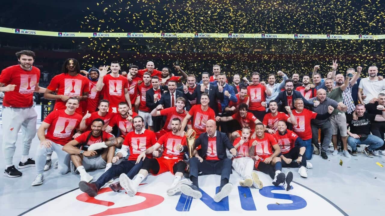 BC Red Star's players and coaches celebrate their seventh title in the regional ABA League