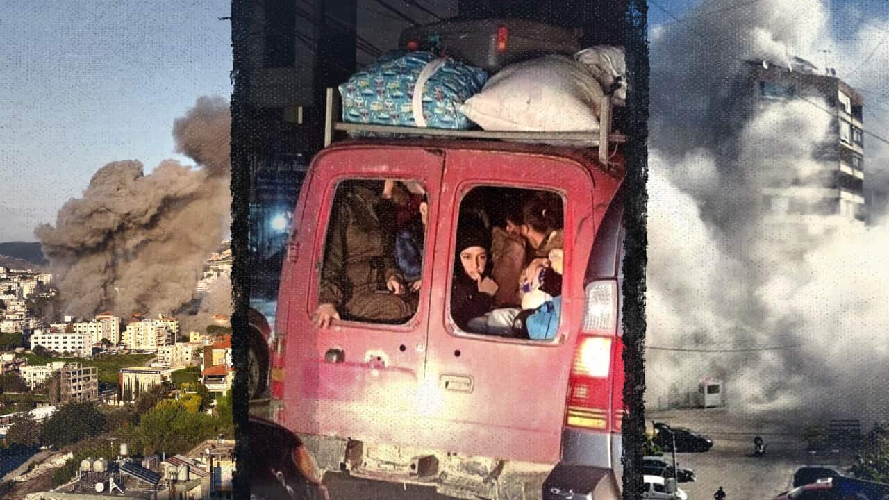 A composite image of smoke from bombings and a group of people packed tightly in a car