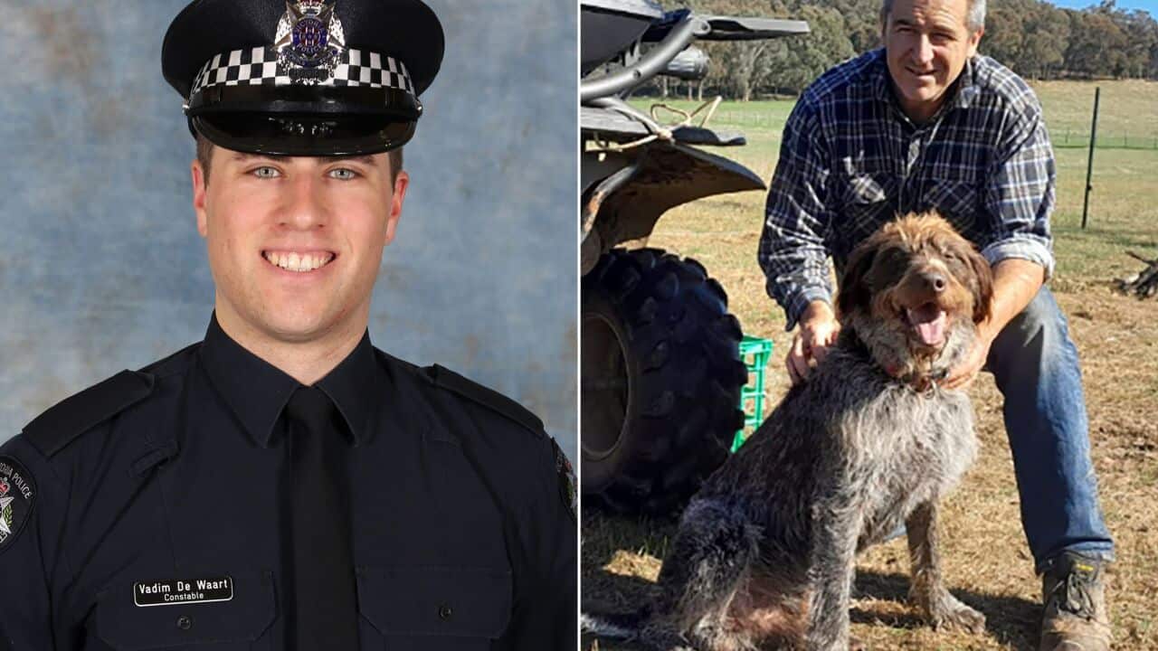 On the left, a portrait of a police officer in a dark blue shirt, tie and hat. On the right, a brown shaggy dog and a man wearing jeans and a flannel shirt.