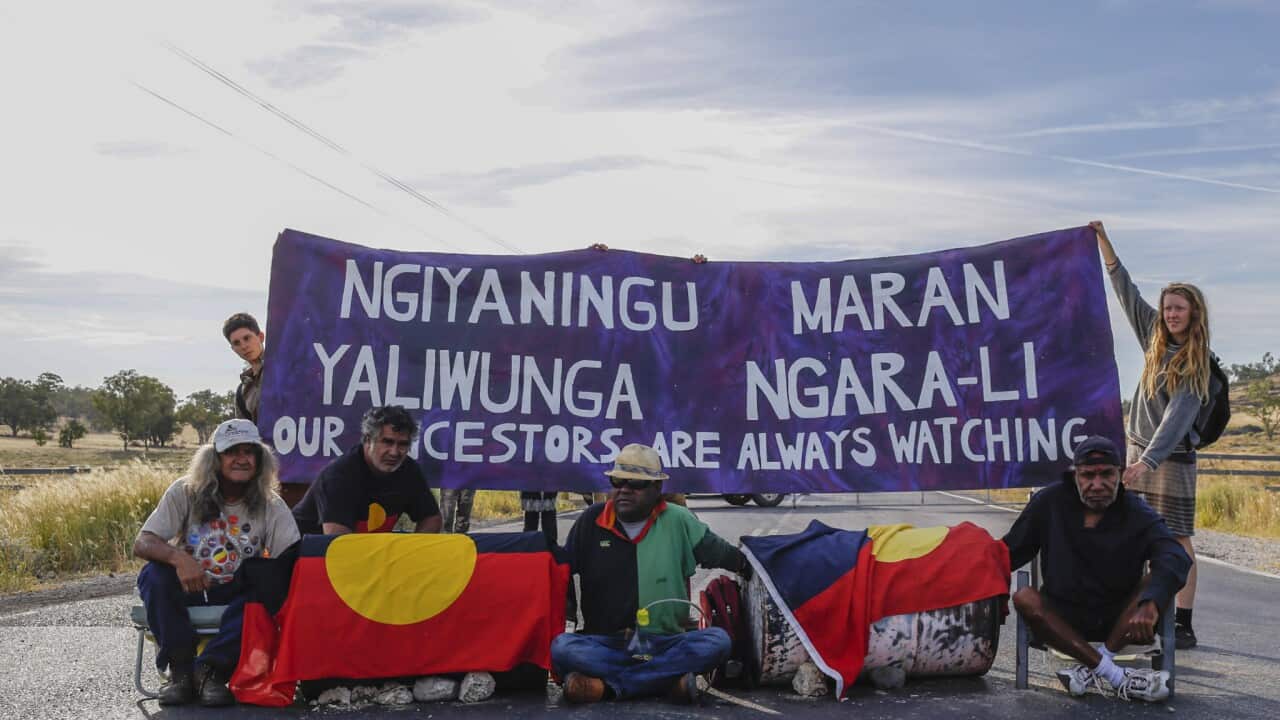 Protestors outside Whitehaven coal min project at Leard State Forest, Mauls Creek, northern NSW.