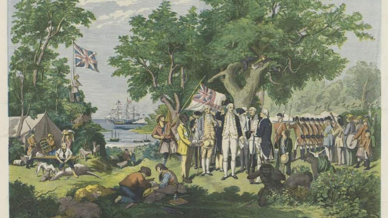 A picture titled ‘Captain Cook taking possession of the Australian continent on behalf of the British crown, AD 1770’. Drawn and engraved by Samuel Calvert.