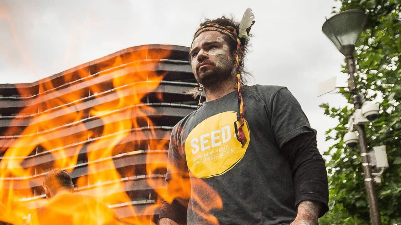 Neil Morris during the smoking ceremony at the Rally protesting the forced closures of Indiginous communities in Western Australia, at the State Library on November 27, 2015 in Melbourne.