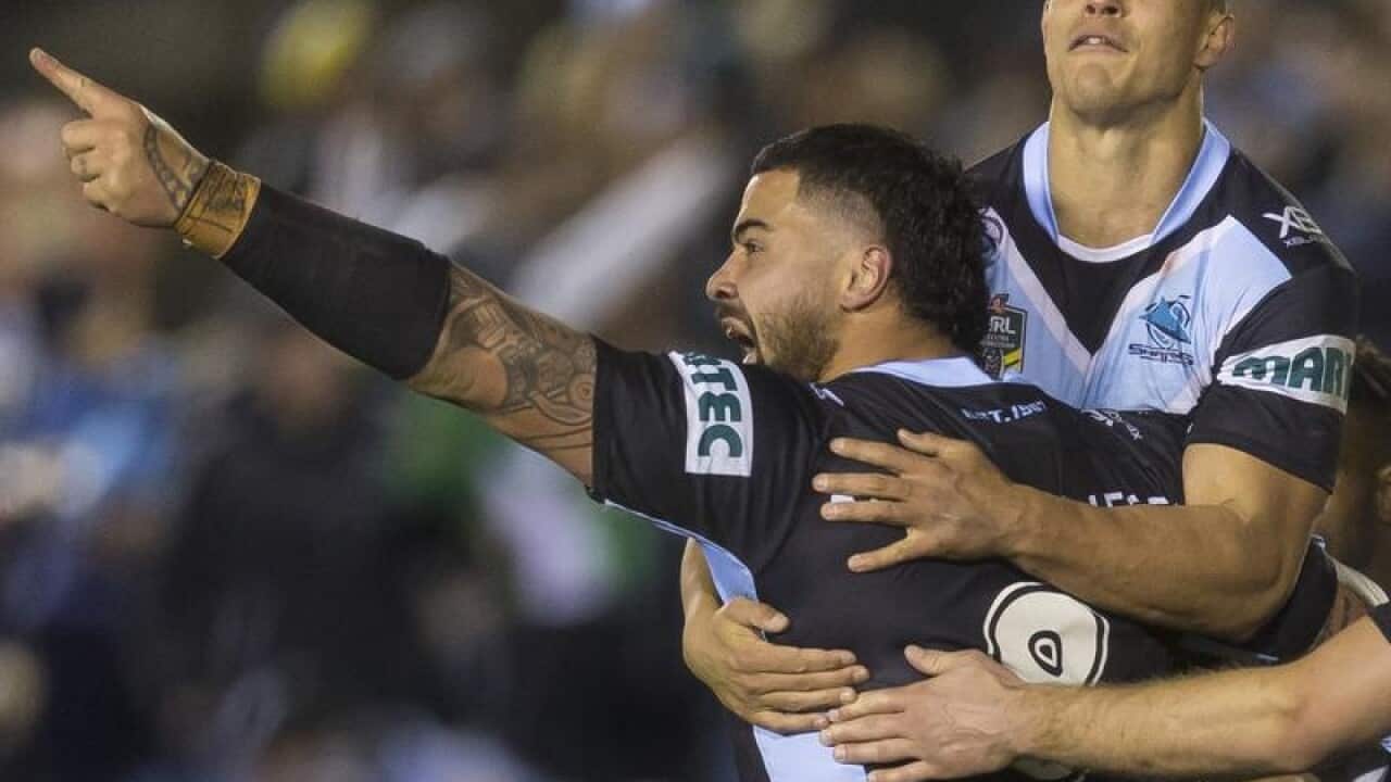Cronulla-Sutherland Sharks player Andrew Fifita gestures after scoring