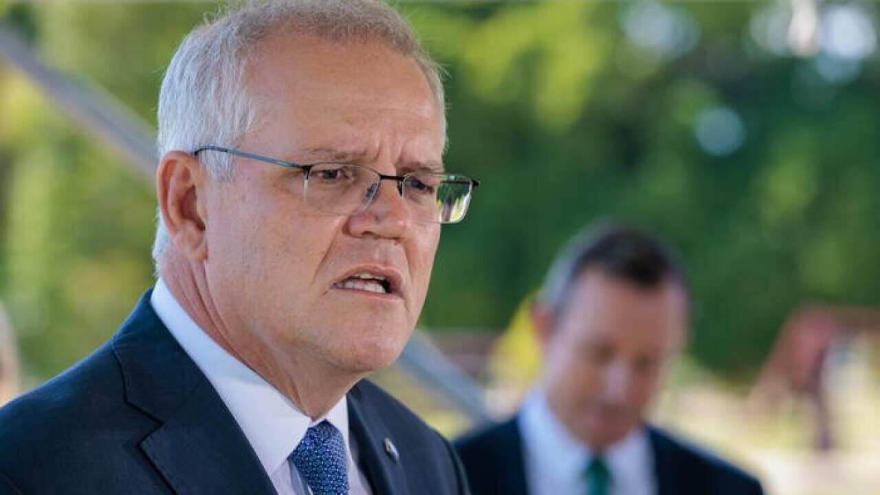 نخستوزیر موریسن در جریان یک نشست خبری در پرت