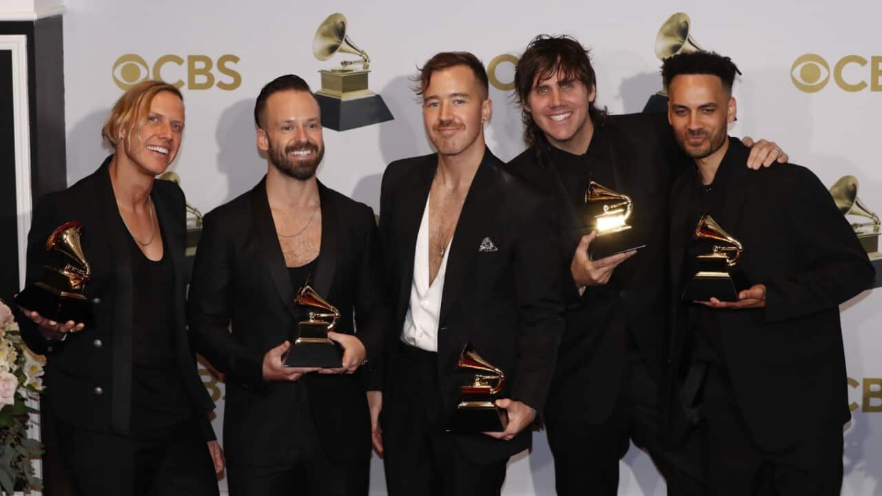 Rüfüs Du Sol pose in the press room with their Grammy’s for Best Dance/Electronic Recording for 'Alive' during the 64th annual Grammy Awards at the MGM Grand Garden Arena in Las Vegas, Nevada, USA, 03 April 2022.