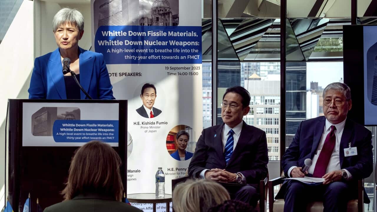 Australian Foreign Minister Penny Wong joined by Japanese Prime Minister Fumio Kishida and Foreign Minister of the Philippines Enrique Manalo at UNGA event (AAP).