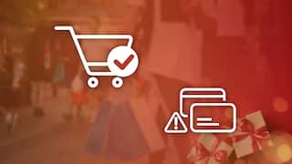 A photo of people walking through a shopping mall, overlaid with a photo of gift boxes and graphics of a shopping cart and credit cards.