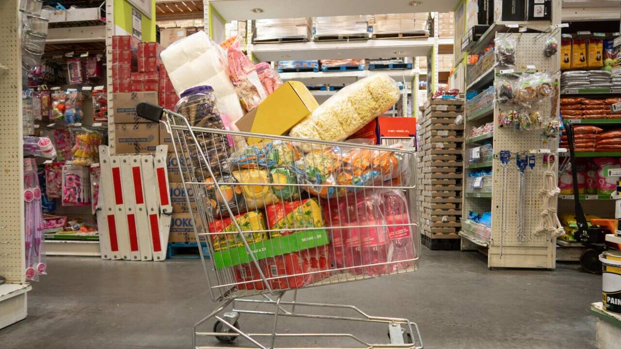 Trolley filled with groceries in wholesale store Landscape