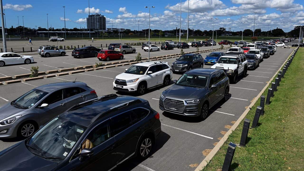 Members of the public queue in their cars for a COVID-19 PCR test at Sydney drive-through clinic.