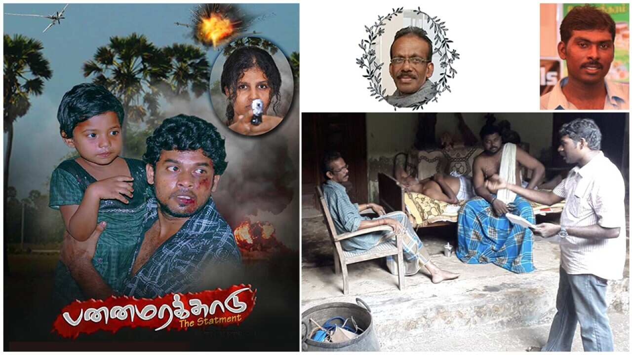 Navaratnam Kesavarajan's movie poster; Navaratnam Kesavarajan; Mathi Sutha, A producton site with Kesavarajan & Mathi Sutha