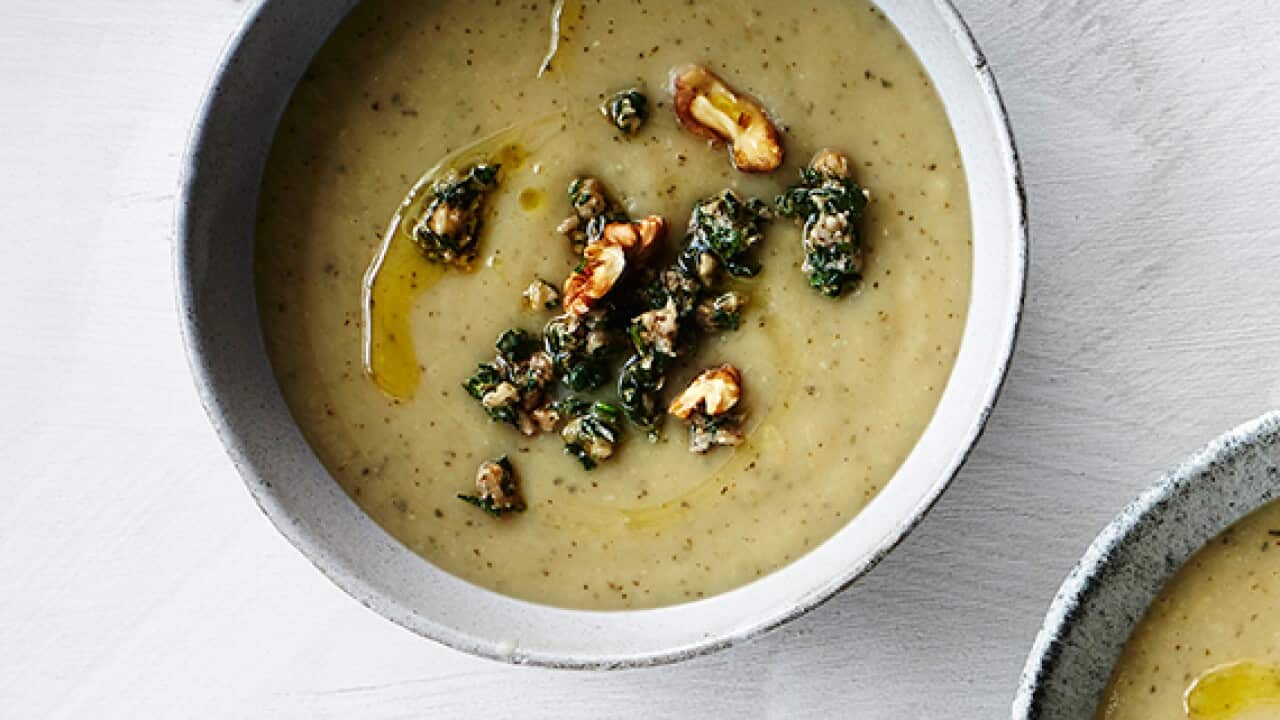 Packham pear, parsnip and potato soup with walnuts