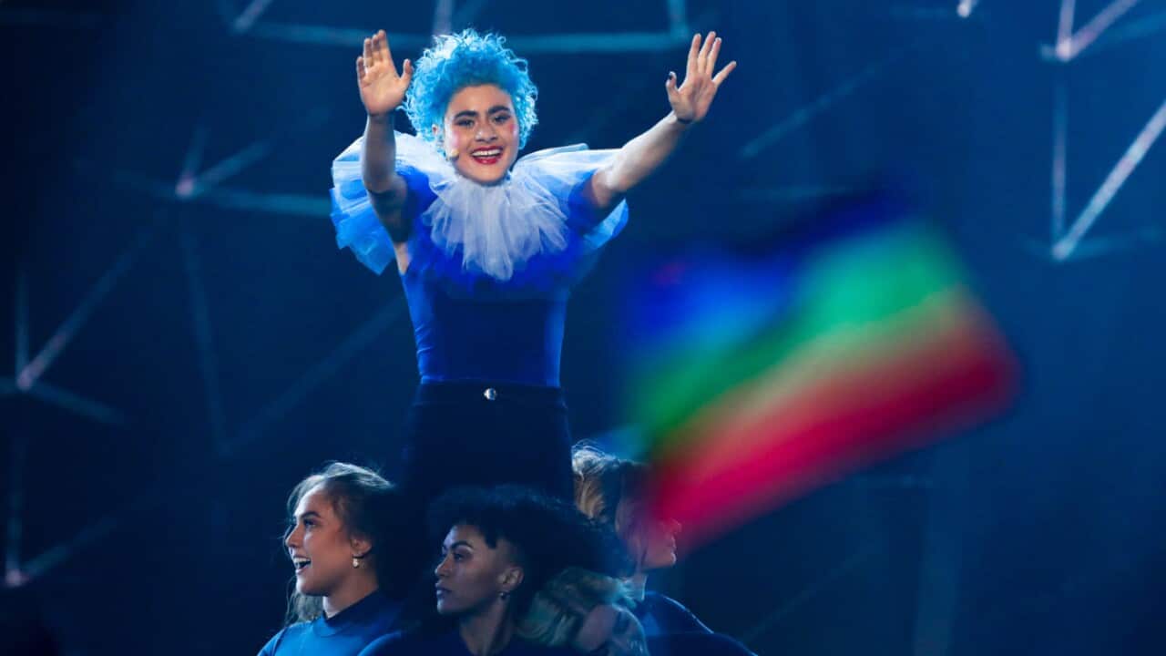 Montaigne during the 2020 Eurovision - Australia Decides final at the Gold Coast Convention and Exhibition Centre 