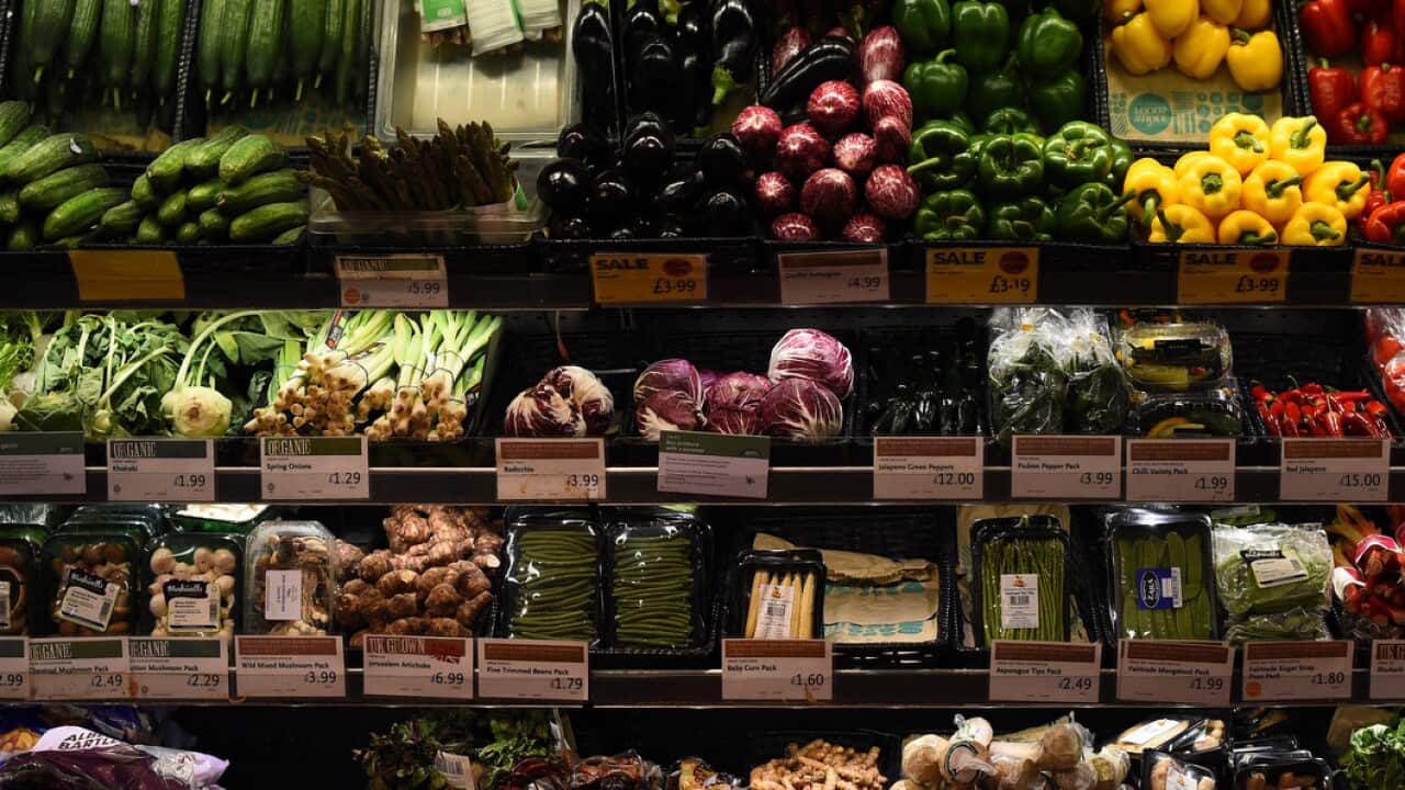 A view of vegetables on sale in London.  