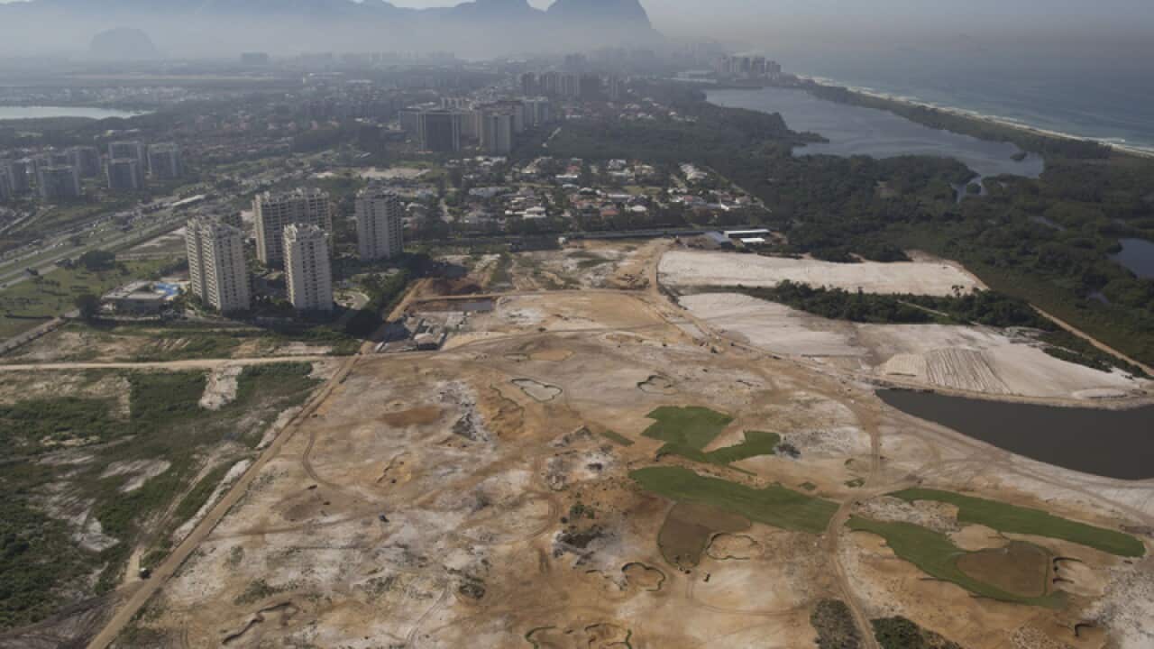 Aerial view of the Rio 2016 Olympic golf course under construction.