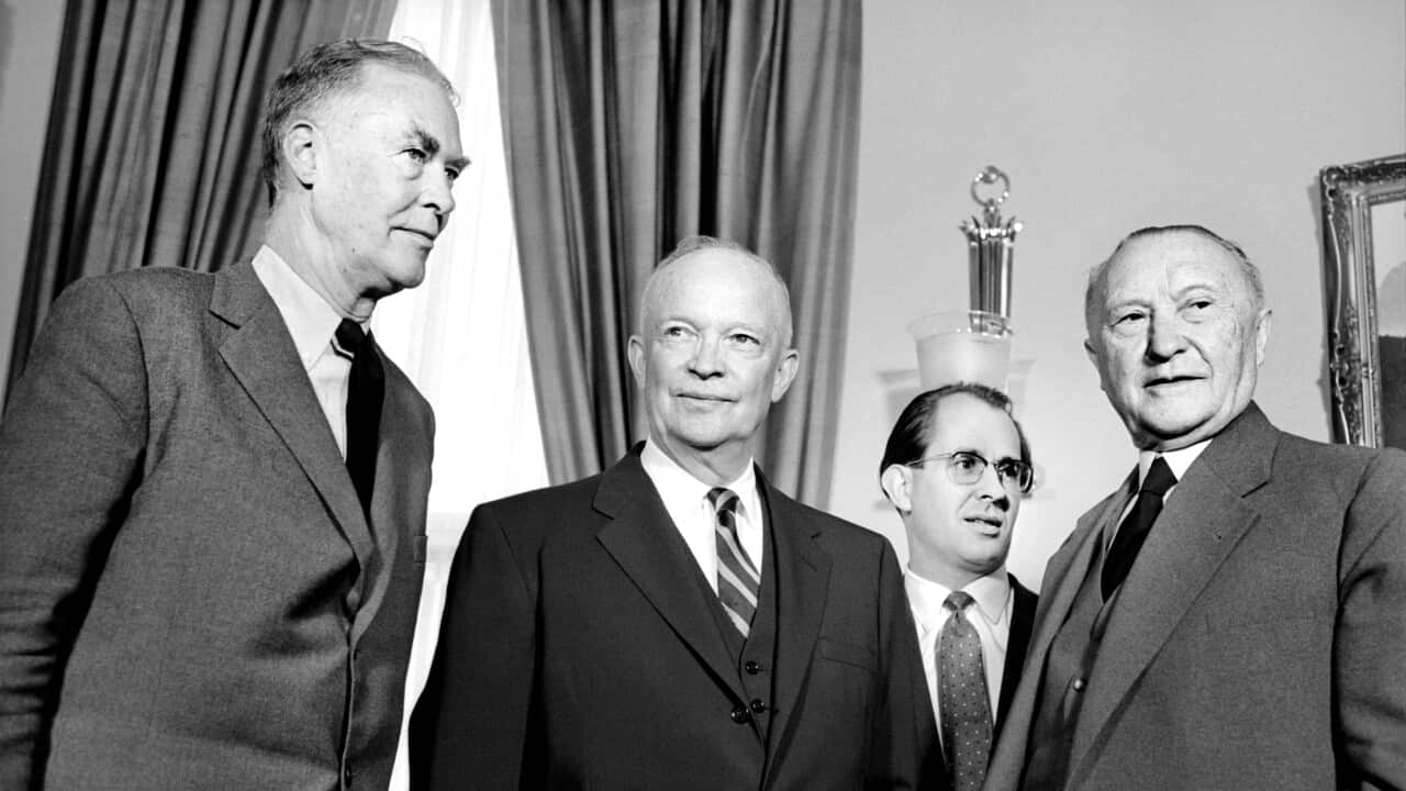West German Chancellor Konrad Adenauer (right) with U.S. President Dwight Eisenhower (center) at the White House, Washington, D.C., USA, Marion S. Trikosko, US News & World Report Magazine Collection, May 27, 1959
