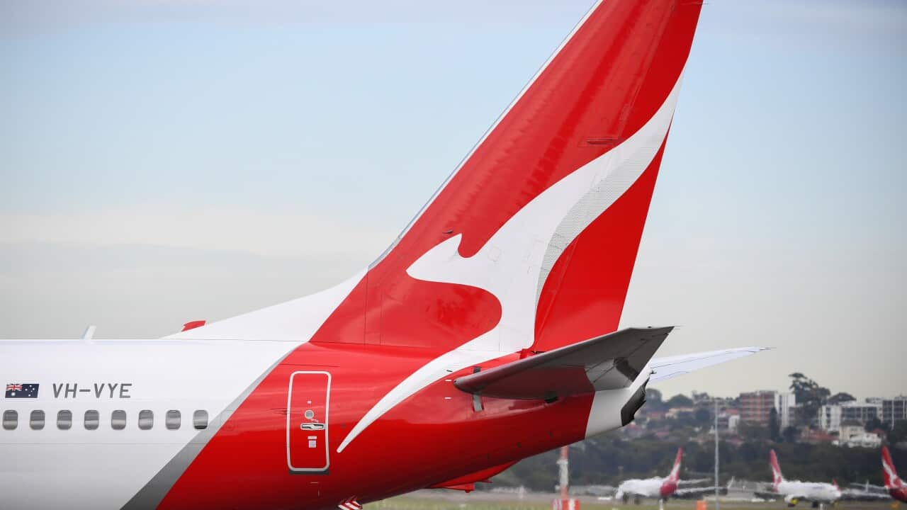 The tail of a Qantas plane.