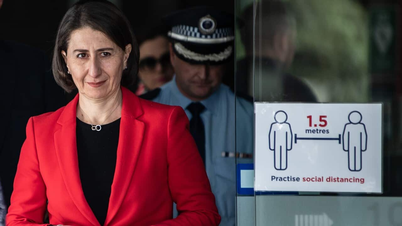 NSW Premier Gladys Berejiklian arrives at a press conference at the NSW Ministry of Health in Sydney.