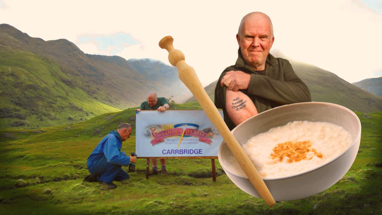 A collage of two people, one crouching and the other standing behind the Carrbridge town sign, a bowl of porridge and a wooden spurtle, and a man with a tattoo.