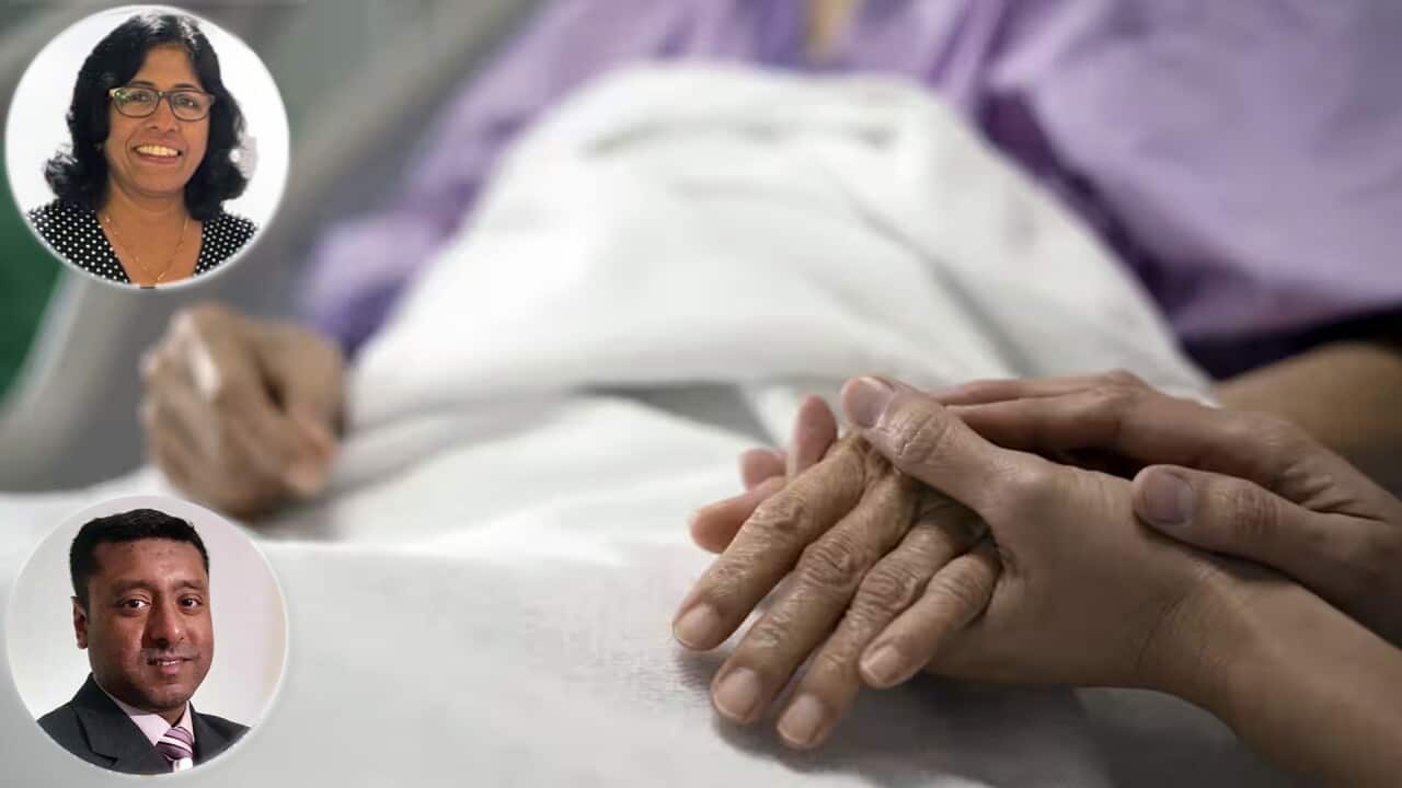 After an 18-month implementation period, NSW has legalised voluntary assisted dying. Source: Getty / sukanya sitthikongsak; Inset: Dr Nalayini Sugirthan (Top), and Dr Sivaraj Rajadorai