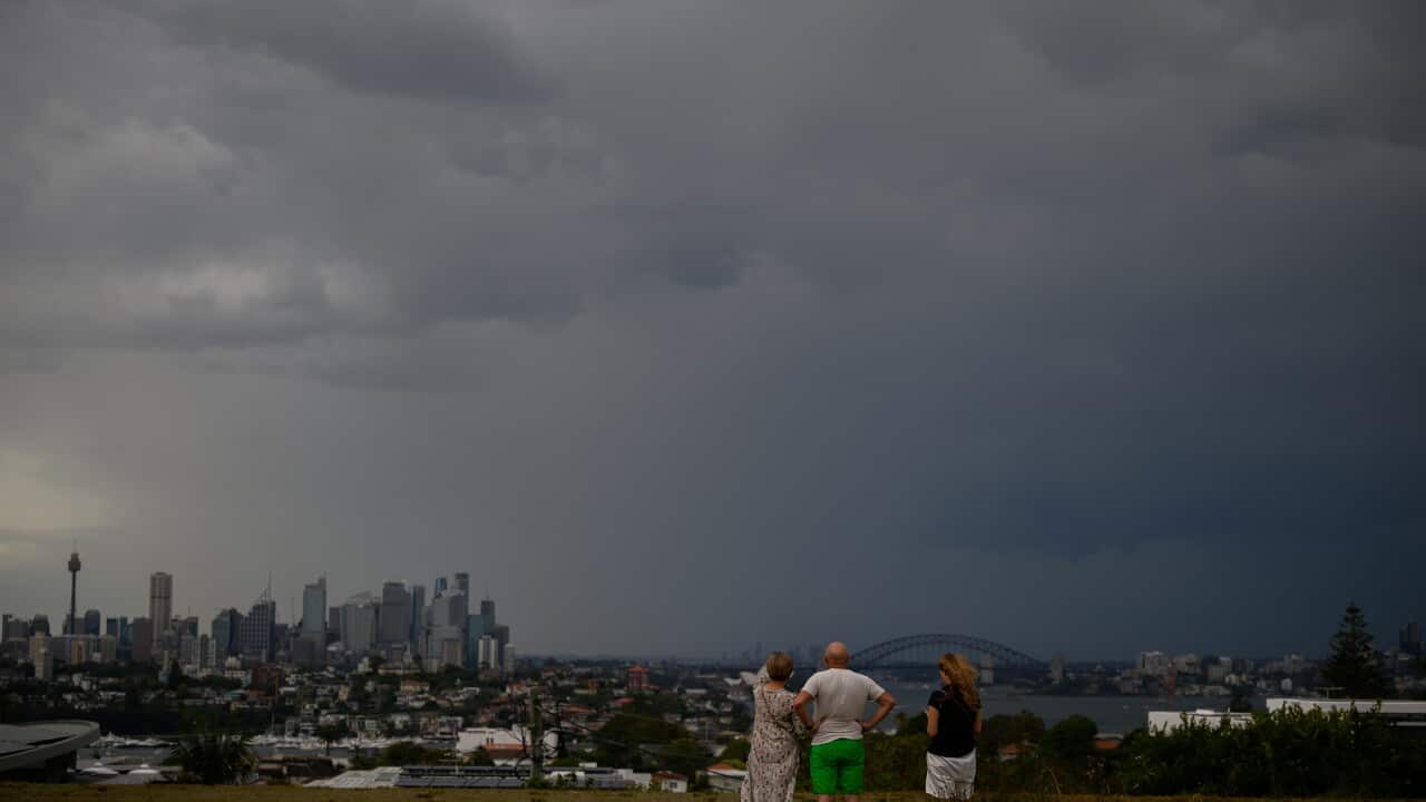 People standing on a hill watching a thunderstorm approaching Sydney's CBD
