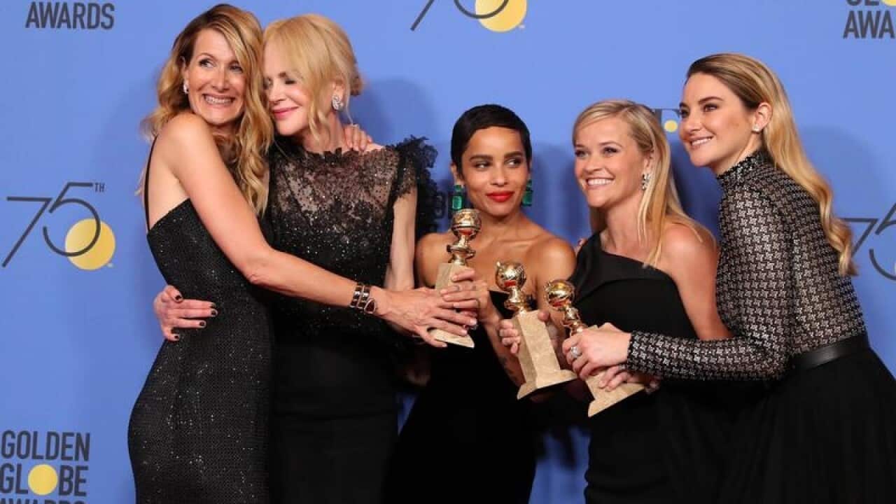 The cast of Big Little Lies celebrate their win at the Golden Globes.