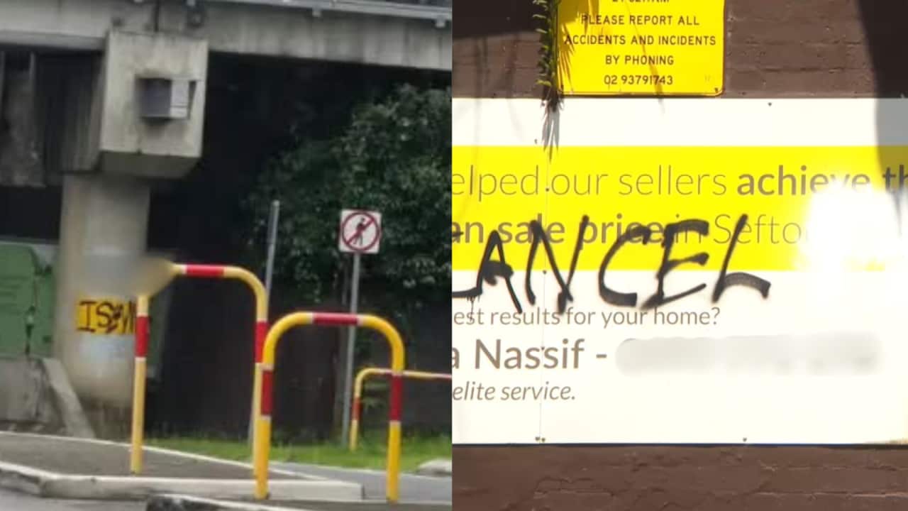 A composite image showing with an underpass on the left with the words 'Fuck Islam' graffitied on the side and the words 'cancel Islam' graffitied on the right