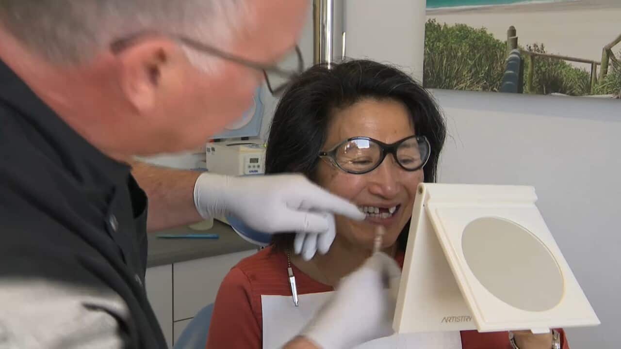 Francie Stonis is getting new dentures to replace two front teeth that she originally lost when she was 16. 