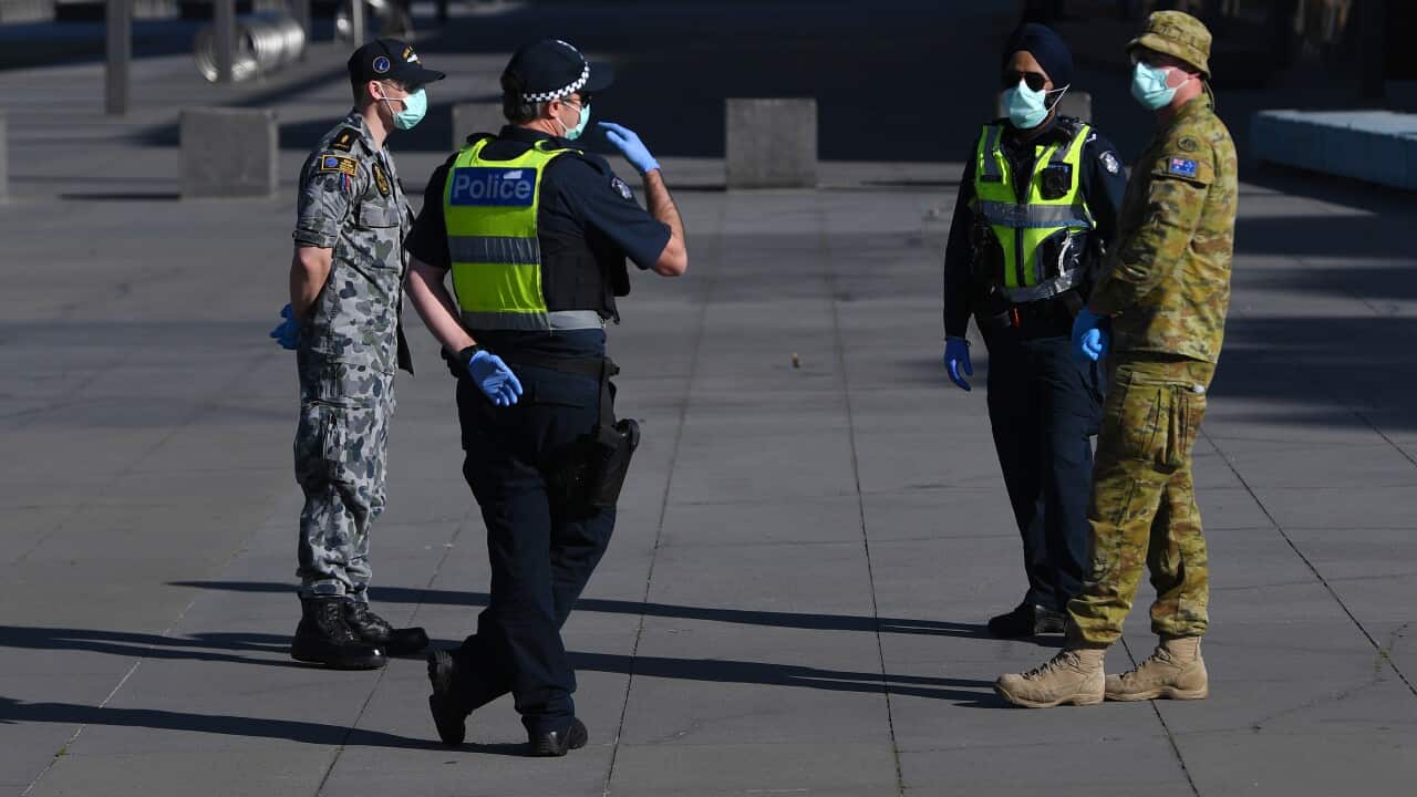 Victoria Police, Airforce and ADF personnel on patrol in Melbourne's CBD.