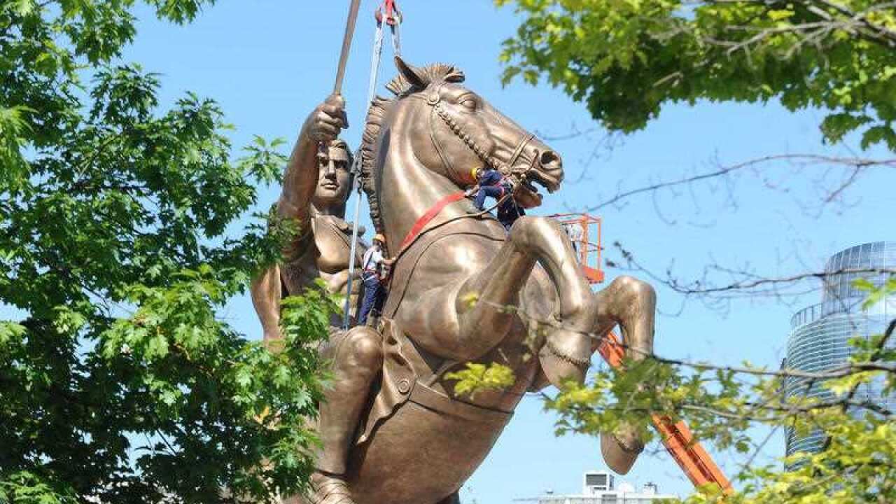 The controversial giant bronze statue of Alexander the Great in the main square of Skopje.