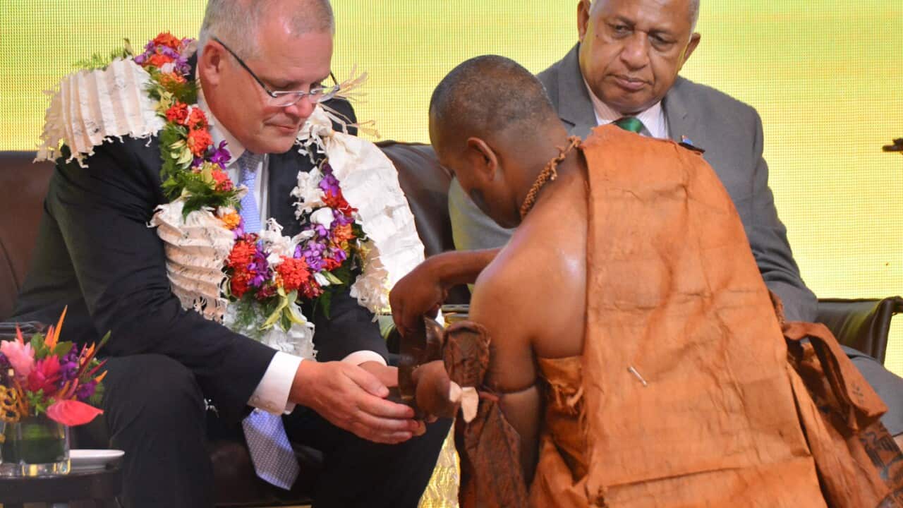 PM Morrison being served with Kava during Welcoming ceremony in Suva.