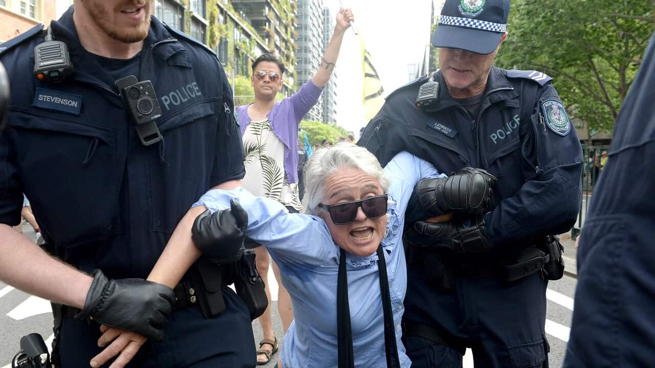 The Extinction Rebellion protest in Sydney on Monday afternoon.
