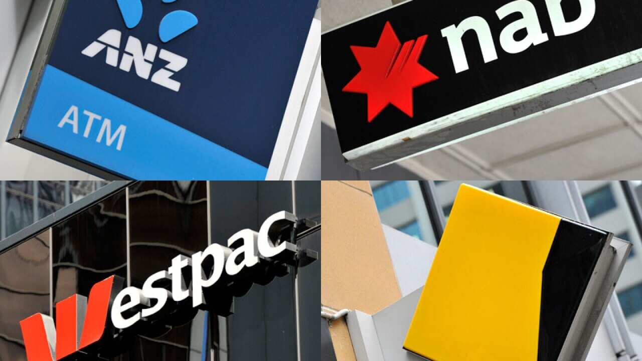 A composite image of four signs: ANZ, NAB, Westpac and Commonwealth