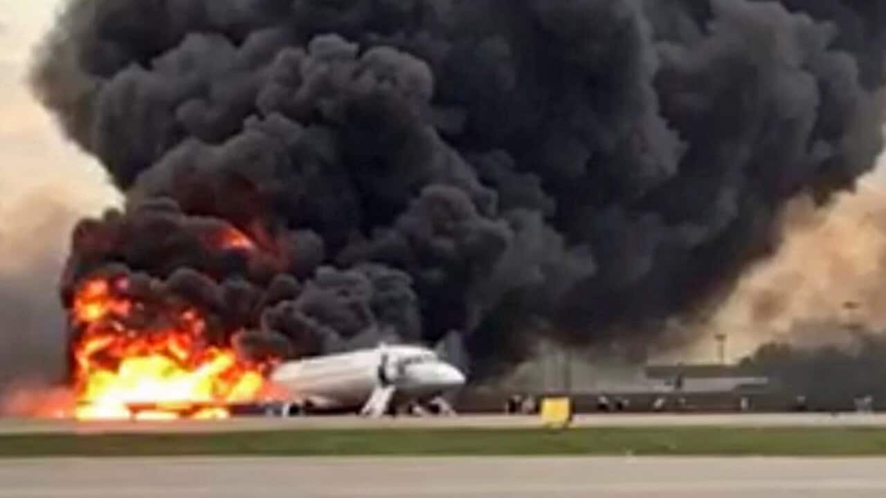 Russian airline Aeroflot burning at Moscow's Sheremetyevo airport, Russia.