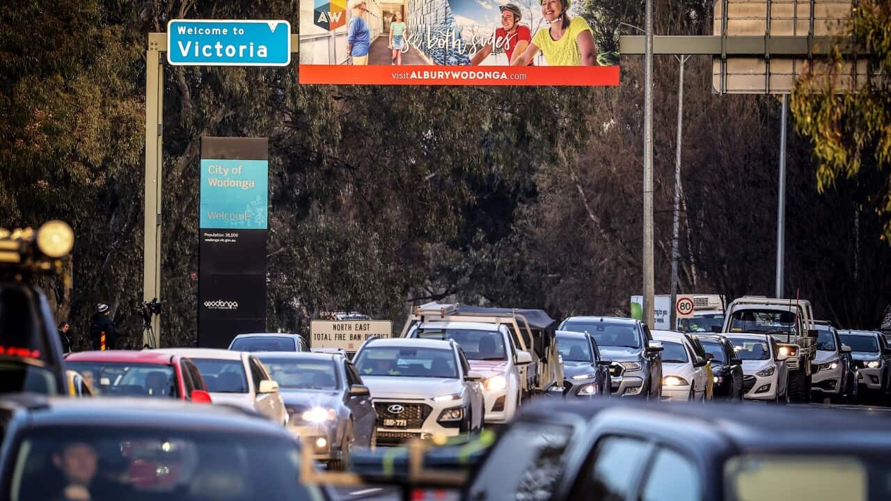 Cars sit in a line at the Victoria-NSW border near a police checkpoint in Albury.