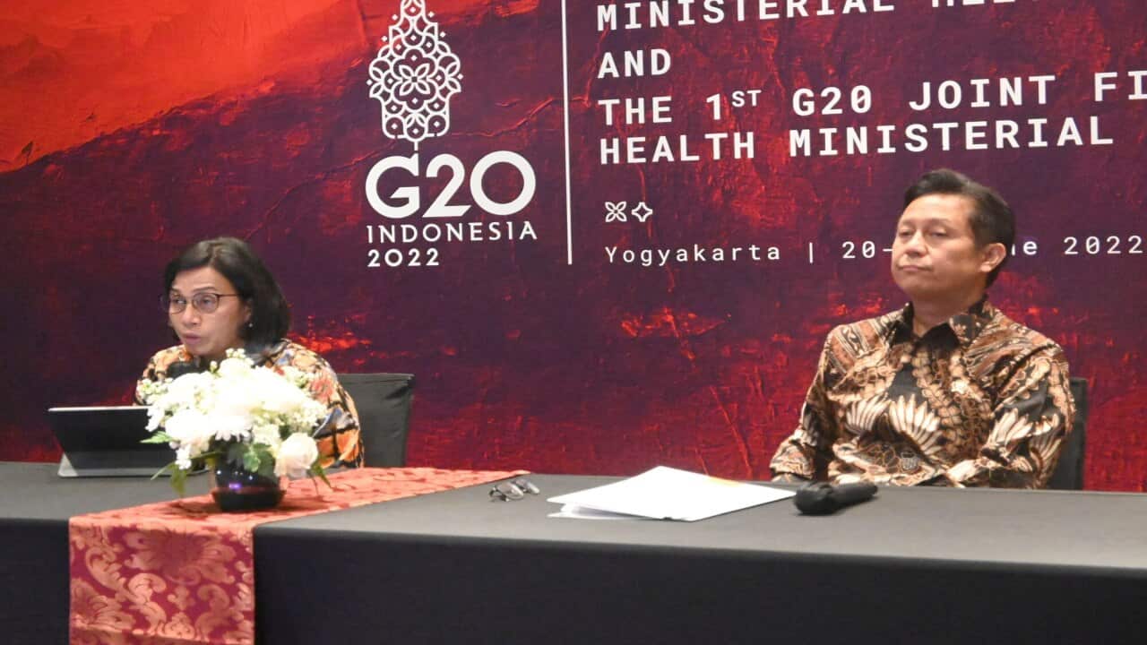 Indonesian Finance Minister Sri Mulyani (left) speaks at G20 health ministers meeting