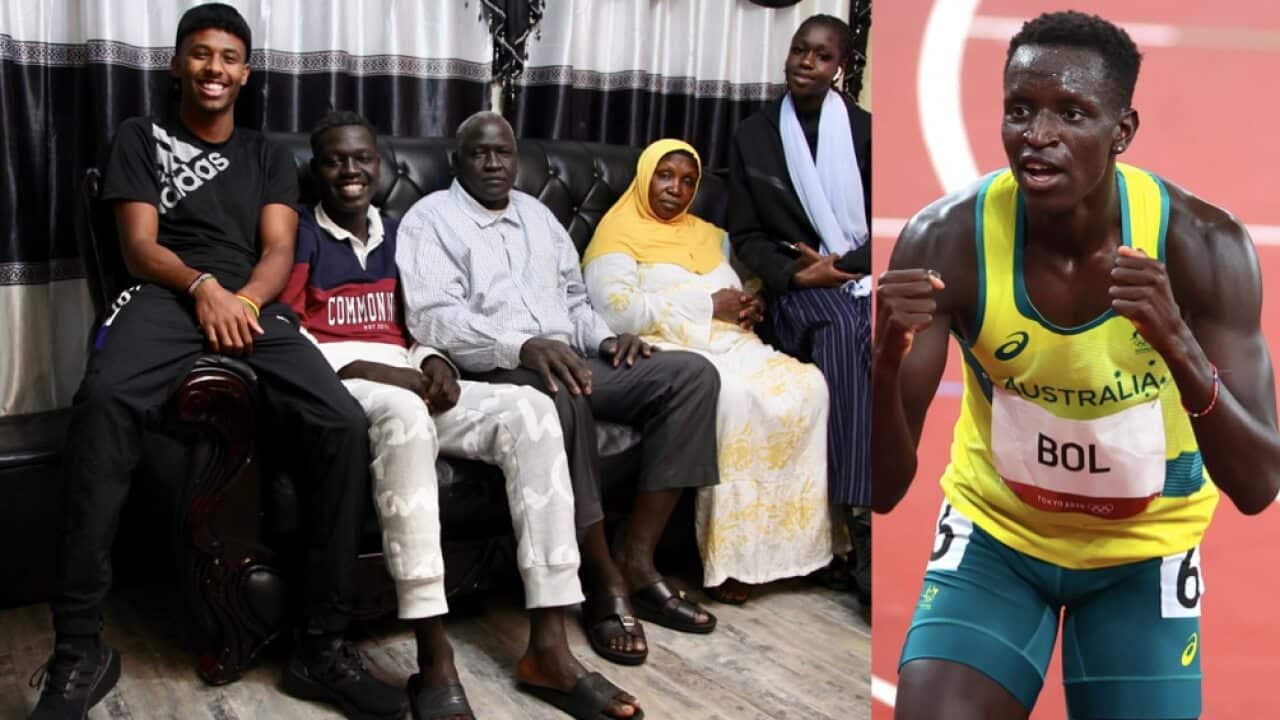 Peter Bol, right, and his family in Perth.