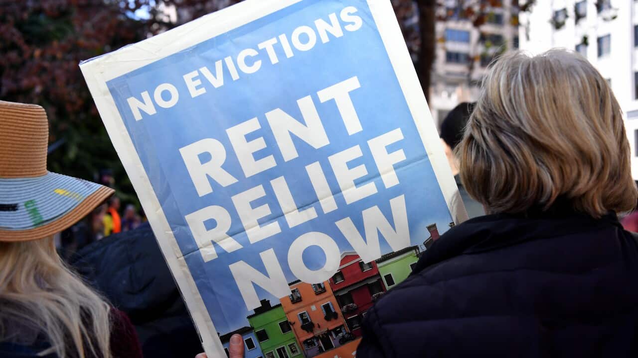 A person at a protest holding a placard that reads “NO EVICTIONS: RENT RELIEF NOW“