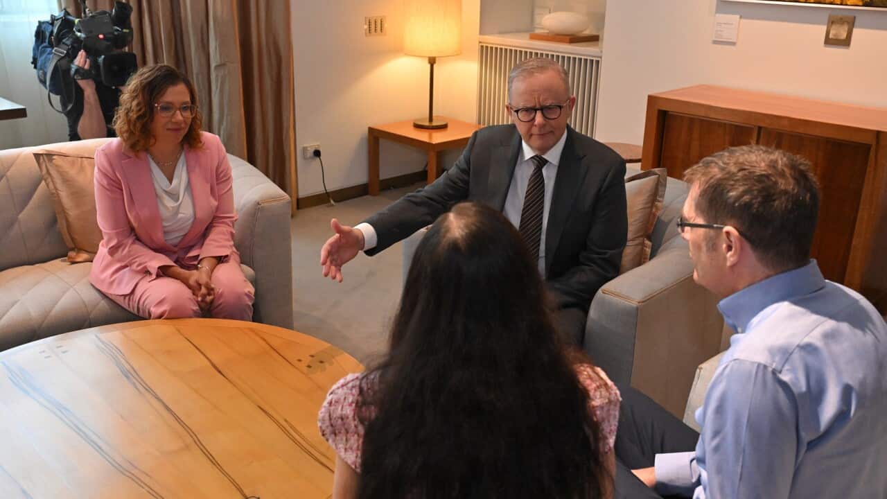 Minister for Employment Amanda Rishworth and Prime Minister Anthony Albanese meet Baby Priya’s parents at Parliament House in Canberra (AAP)