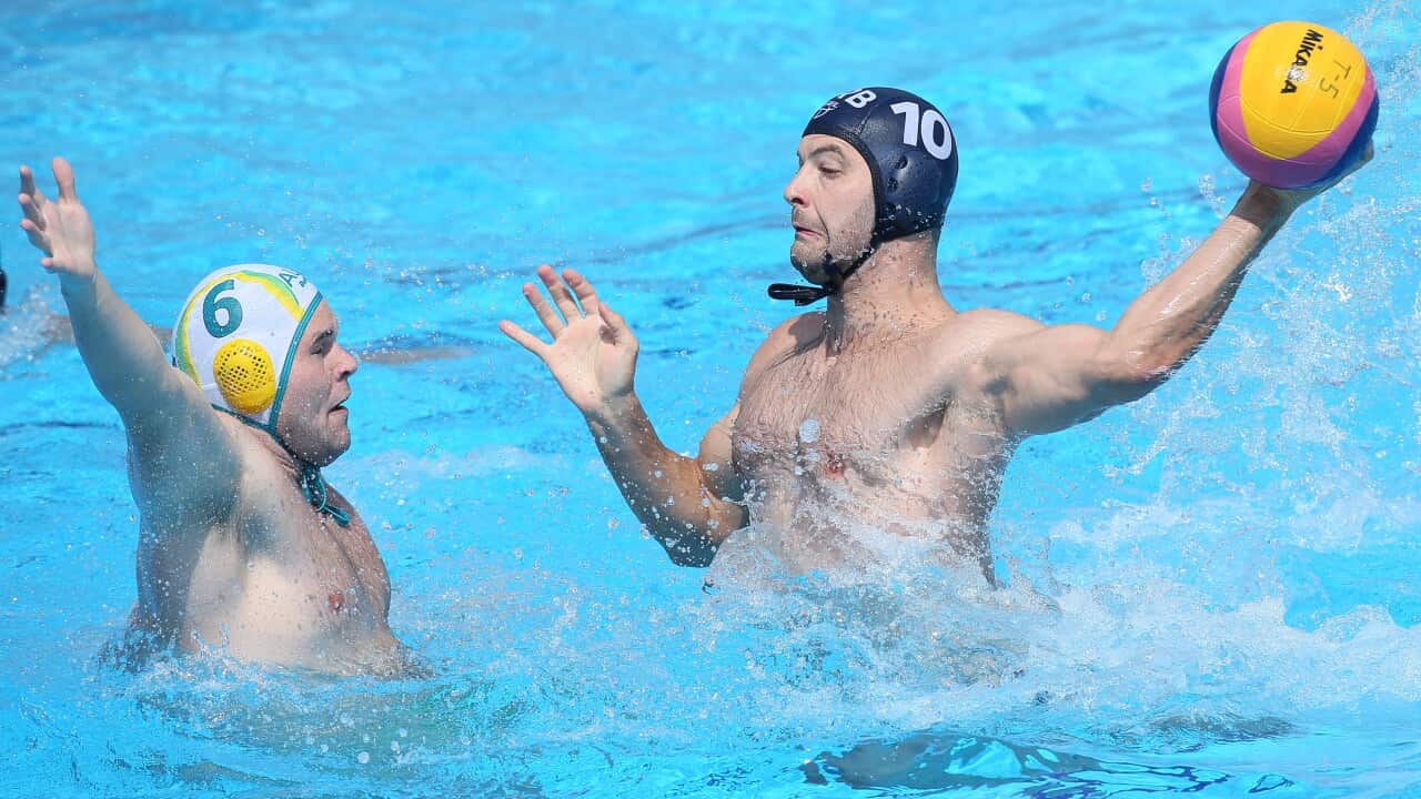 Serbia's Filip Filipovic (R) in action against Australias Edwards Lachlan (L) during the Men's water polo semi-final match between Serbia and Australia at the Water Polo World League Men's Super Final in Belgrade, Serbia, 22 June 2019. EPA/MARKO METLAS